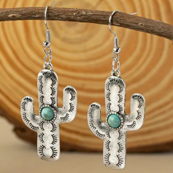 Austin West - Silver Boho Cactus with Turquoise Dangle Earrings - Picture 3 of 14